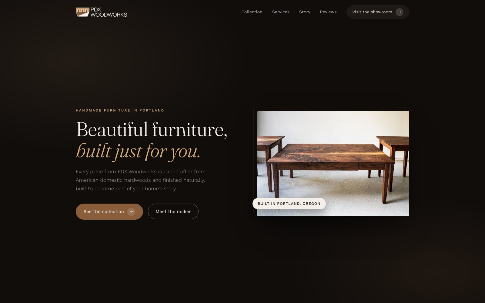 The new PDX Woodworks homepage concept
